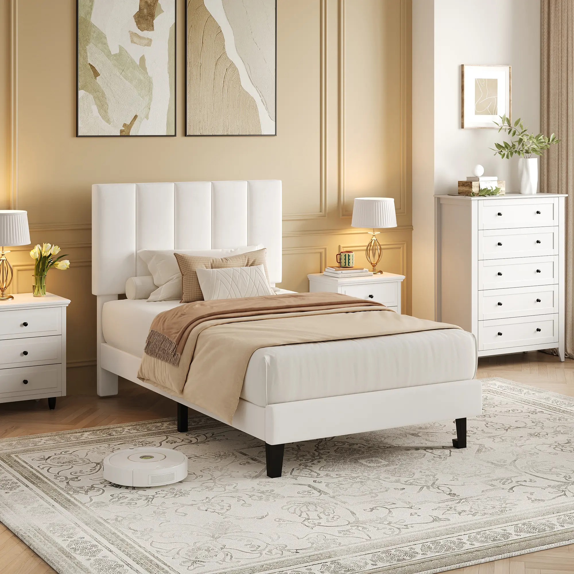 Twin Size Upholstered Platform Bed Frame with Comfort Multi-Angle Adjustable Vertical Channel Tufted Headboard, Heavy Duty Sturdy Wooden Support Slats, Silent Noise-Free Stable Frame, No Box Spring Required, Fast Simple Bedroom Assembly Furniture