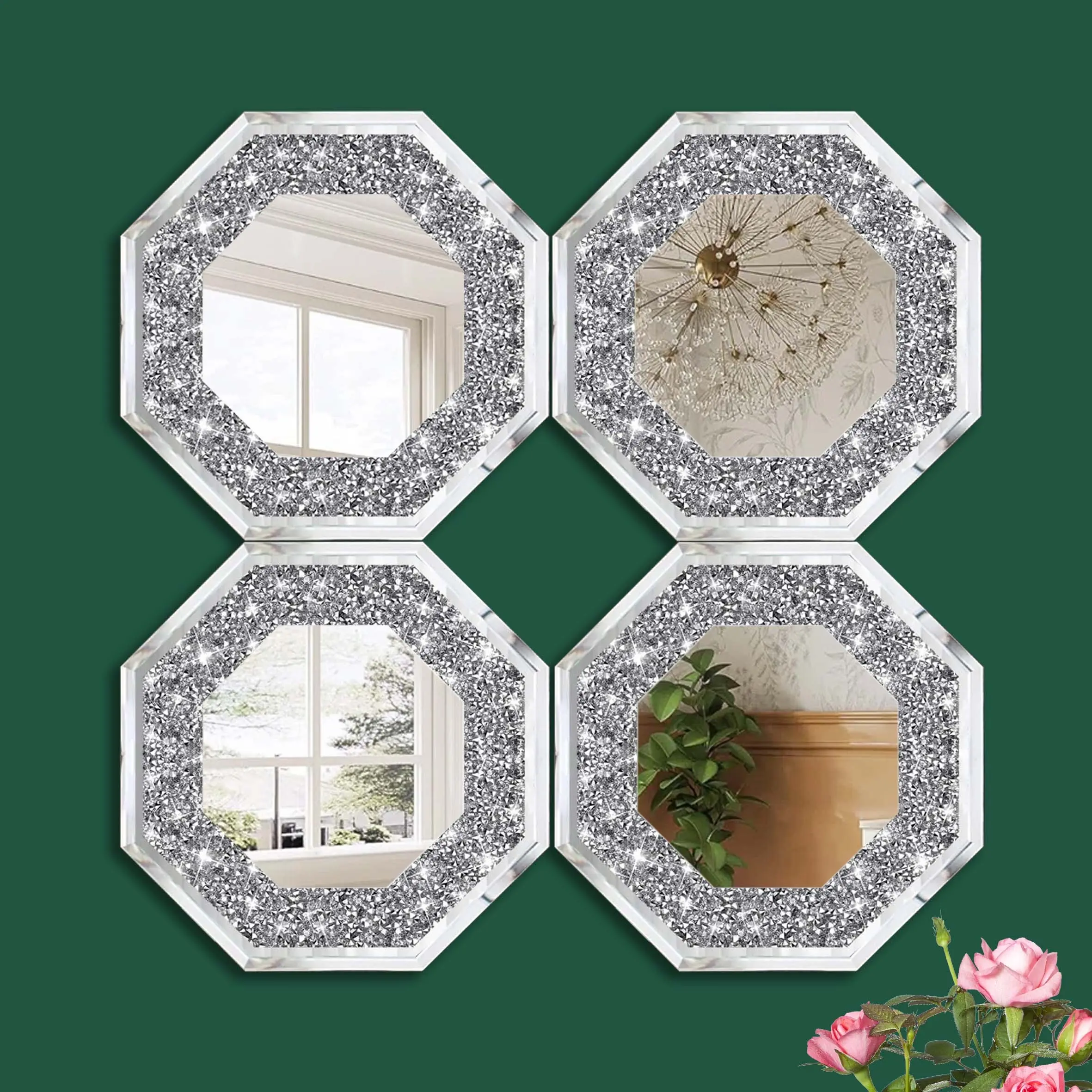 4pcs Modern European Luxury Rhinestone Octagon Wall Mirror, Living Room Entryway Dining Background Art Hanging Mirror, Home Decorative Mirror, Decorative Mirrors For Wall Decor