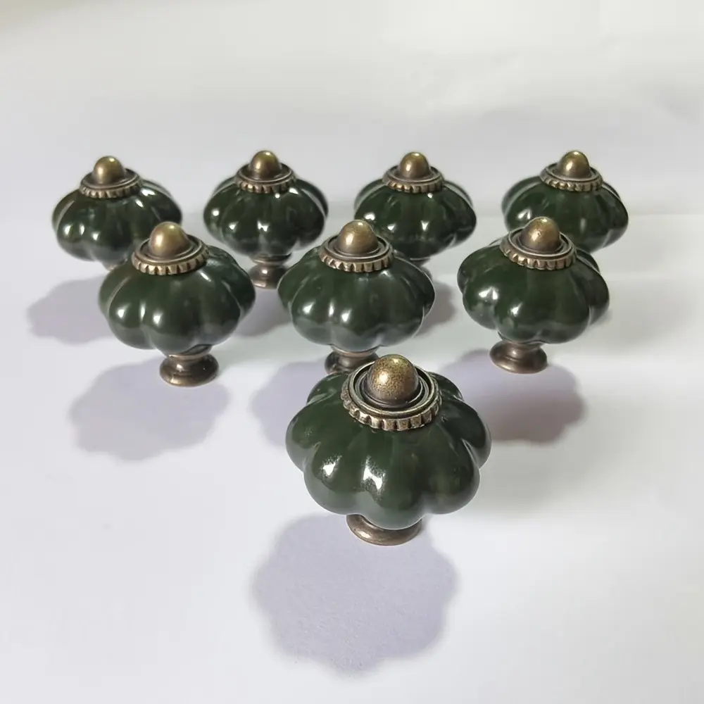 12pcs Vintage Dark Green Ceramic Pumpkin Cabinet Knobs Drawer Handles for Dressers Wardrobes Cupboards Furniture Home Projects