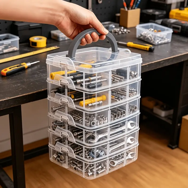 Transparent Storage Box with Lid and Handle, Snap Closure Design, Tool Organizer, Screw Wrench Hardware Sorter, Toy Organizer, Portable Divider Box