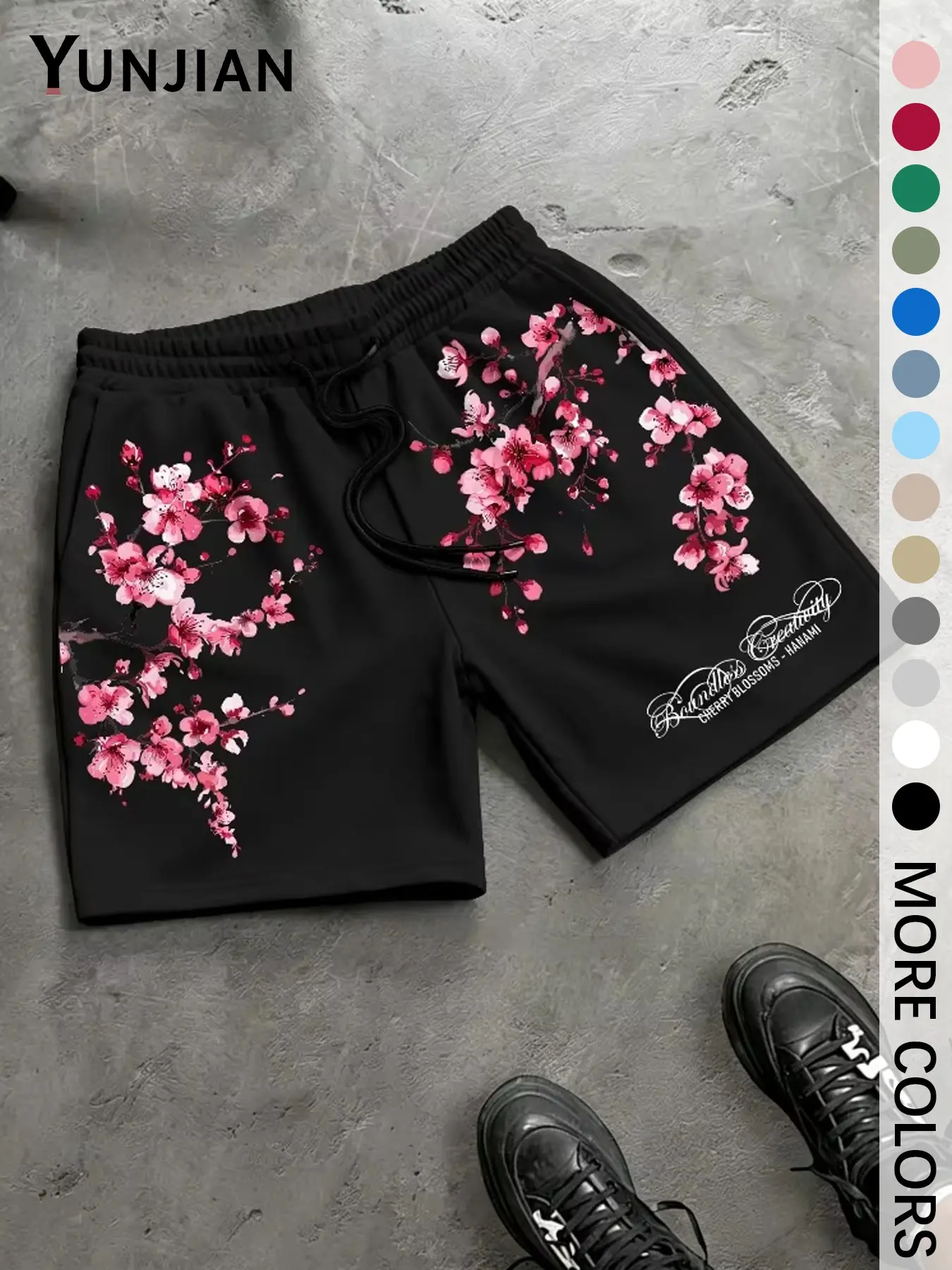 Men's Drawstring Casual Shorts, Loose Fit Cherry Blossom Print Floral, Adjustable Waist, Side Pockets, Breathable Summer Shorts
