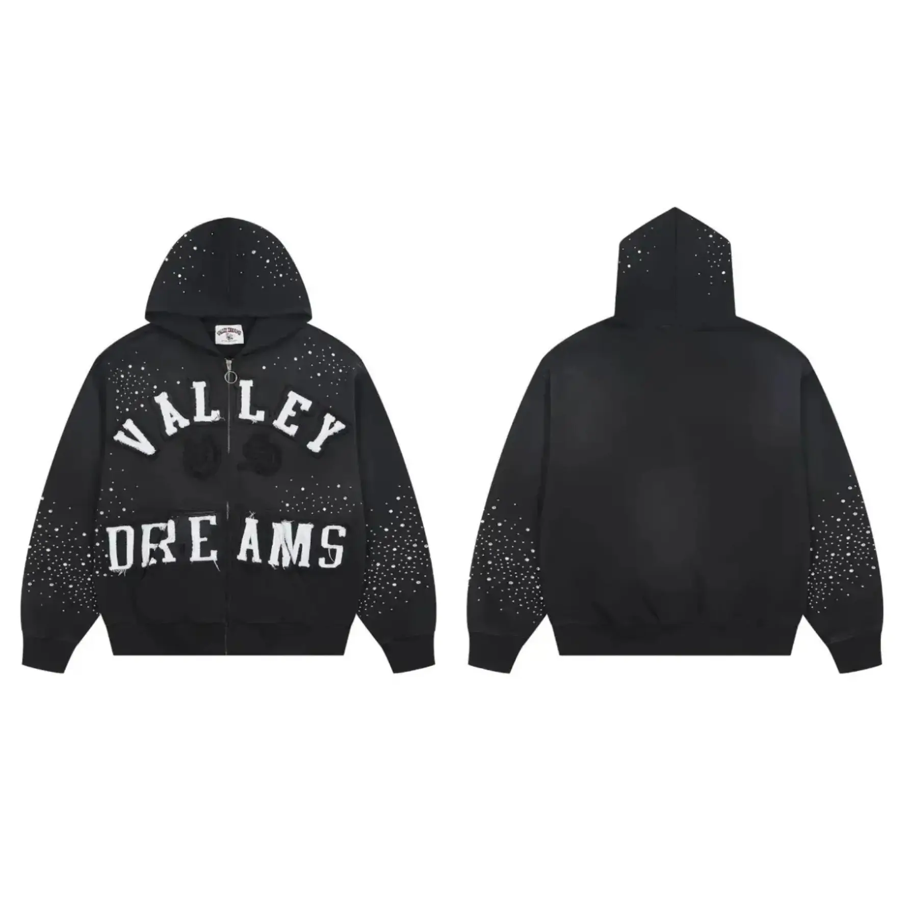 VALE Classico Black Rhinestone Zip Up Hoodie 100% Cotton Loose Oversized Y2K Vintage Washed Patch Graphic Hooded Sweatshirt Autumn Winter Streetwear Jacket Top Men Women Unisex