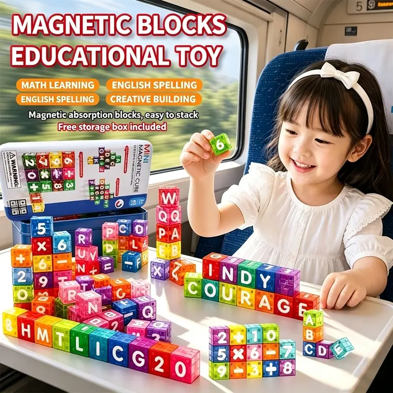 Kids Color Window Magnetic Cube Blocks Set with Iron Storage Box, 2CM Strong Magnet Large Building Cubes, Alphabet Number Math Arithmetic Puzzle, Bendable DIY 3D Construction Stacking Toy, Portable Travel Educational Early Learning Gift for Boys Girls