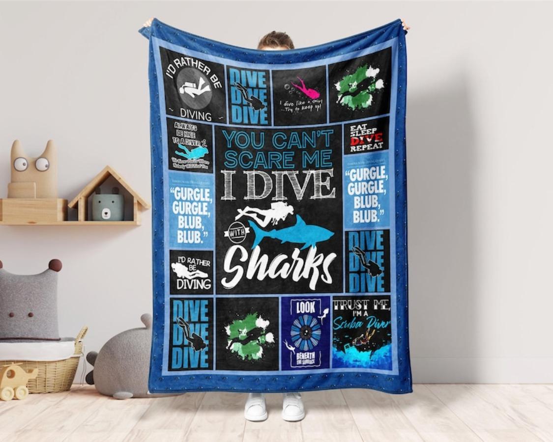 I Dive with Sharks Blanket, Scuba Diving Blanket, Scuba Diver Blanket, Dive Blanket, Snorkeling Blanket, Ocean Sport Blanket, Ocean Gifts