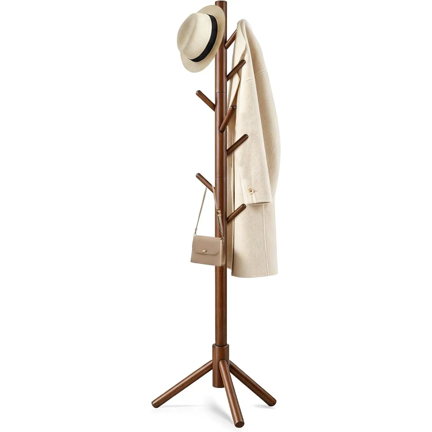 Wooden Coat Rack Freestanding with 8 Hooks & 3 Adjustable Sizes for Clothes, Space-Saving Design for Bedroom Office Entrance Holds Hats Coats Scarves Bags