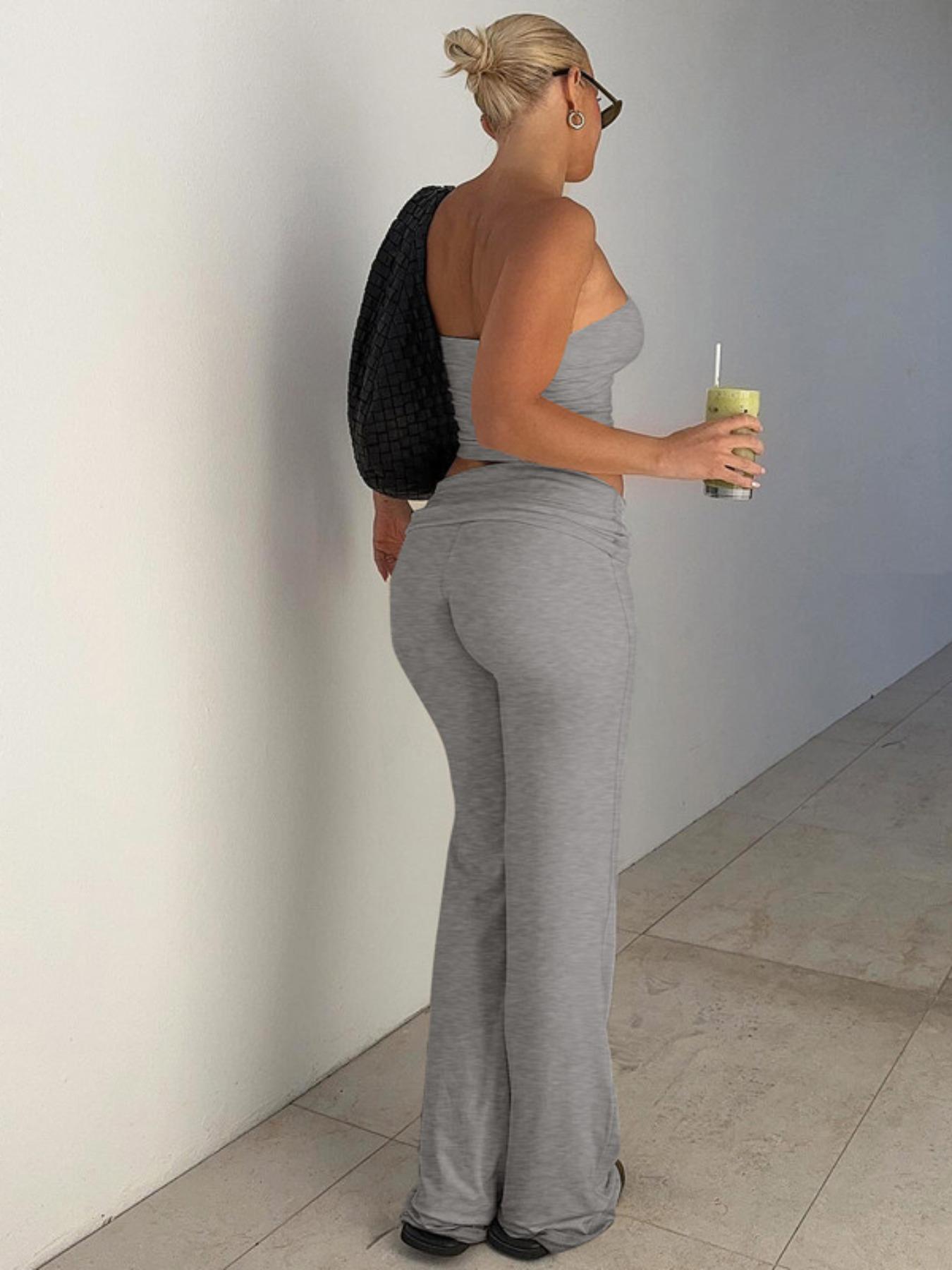 Ocean Style 2026    Two-Piece Set Women's Solid Crop Tube Top & Foldover Waist Flare Leg Pants, Casual Fashion Cozy Outfits for Daily Outdoor Wear, Ladies Clothes for Summer