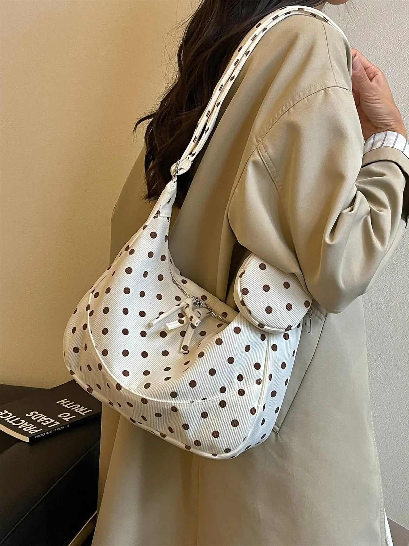 polka dot corduroy crescent bag, crossbody bag with matching coin pouch, vintage sweet teen commute purse, adjustable wide strap soft hobo bag, 4 color drawstring zipper shoulder bag, simple dot student daily crossbody
