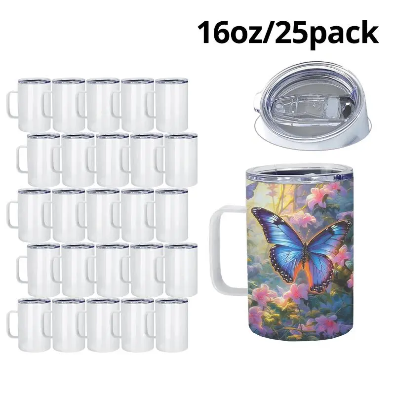 Crafix 25-Pack 16oz Sublimation Stainless Steel Tumbler Mugs - Double-Walled, Portable, Heatproof, with Handle & Lid, Modern Coffee Flasks, Customizable Blank Insulated Bottle for Home, Travel304 Stainless Steel Tumbler
