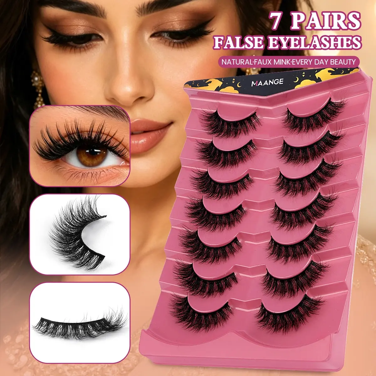 MAANGE 7 Pairs False Eyelashes, D Curl Natural Faux Mink Lashes, Lightweight & Comfortable, Easy to Apply, Dense Volume for Full Glam Look, Perfect for Daily & Special Occasions
