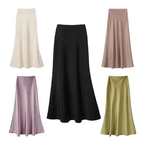 Women's High Waisted Satin Midi Skirt Elegant Silk Slip Bodycon Mermaid Skirt 2025 New Designer Chic Figure Hugging Flared Hem Old Money Aesthetic