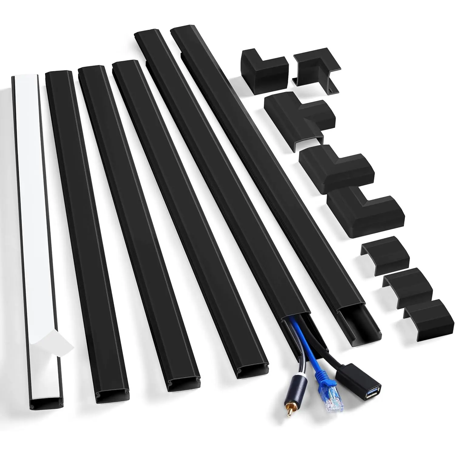 Cord Cover Wall Kit, 94.5in Cord Hider Wall Mounted TV, Self-Adhesive Wire Covers for Cords, Paintable Wire Hiders  Raceway Kit,  Concealer, 6 x L15.7in W0.98 H0.5in, Black