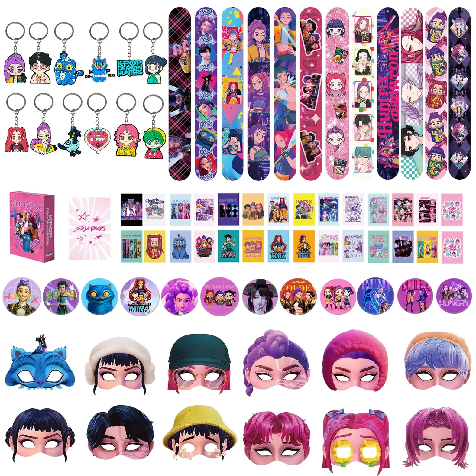 Korean cartoon girl group party gift set, 5-piece combo, perfect for party favors. Includes 12 keychains, 12 cartoon wristbands, 12 badges, 12 funny masks, and 55 cartoon game cards. A perfect choice for party giveaways
