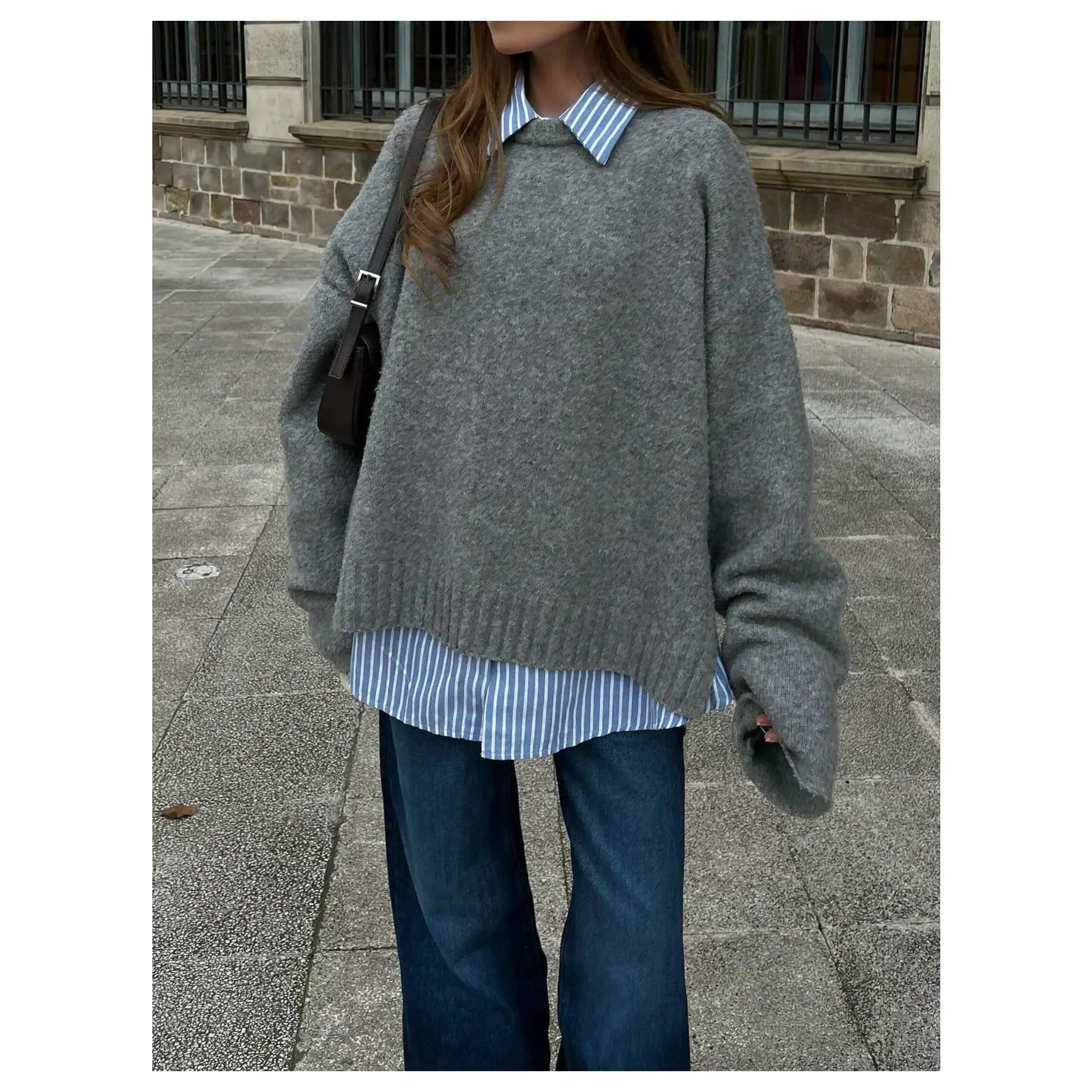 Women's Oversized Sweater Long Sleeve Crew Neck Drop Shoulder Split Knit Chunky Pullover Fall Jumper Tops