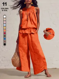 Women's Boho Sleeveless Smocked Neck Ruffle Crop Tank Top and Wide Leg Pants Set, Casual Linen, 11 Colors, Plus Size S-Xxl
