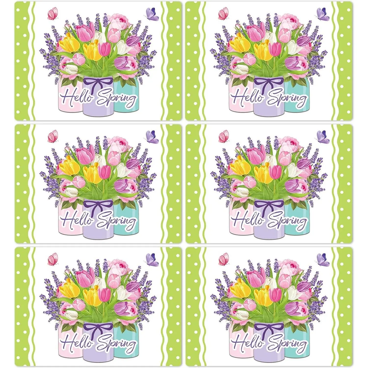 Set of 6 Spring Easter Placemats Washable Vinyl Plastic Table Mats with Tulip Flower Vase Design for Indoor Outdoor Party Kitchen Dining Table Decoration
