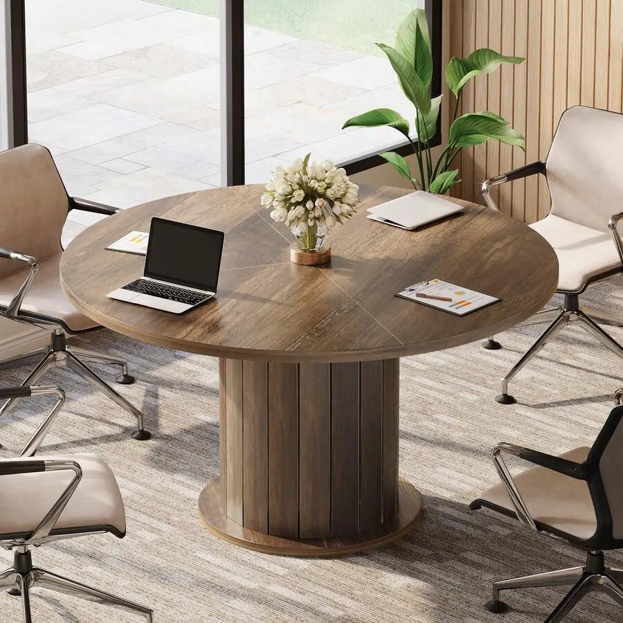 47-Inch Round Conference Table With Sturdy Pedestal 4-6| Rustic Meeting Table With Thick Tabletop, Circular Office Table Conference Room, Meeting Room, Home Office, Brown