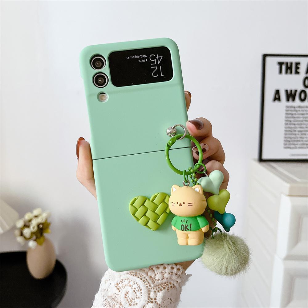For Galaxy Z Flip6 Cartoon Bear Plush Heart Folding Case for Samsung Z Flip7 Zflip5 Z Flip 3 4 5 6 7 Slim Cover with Lanyard