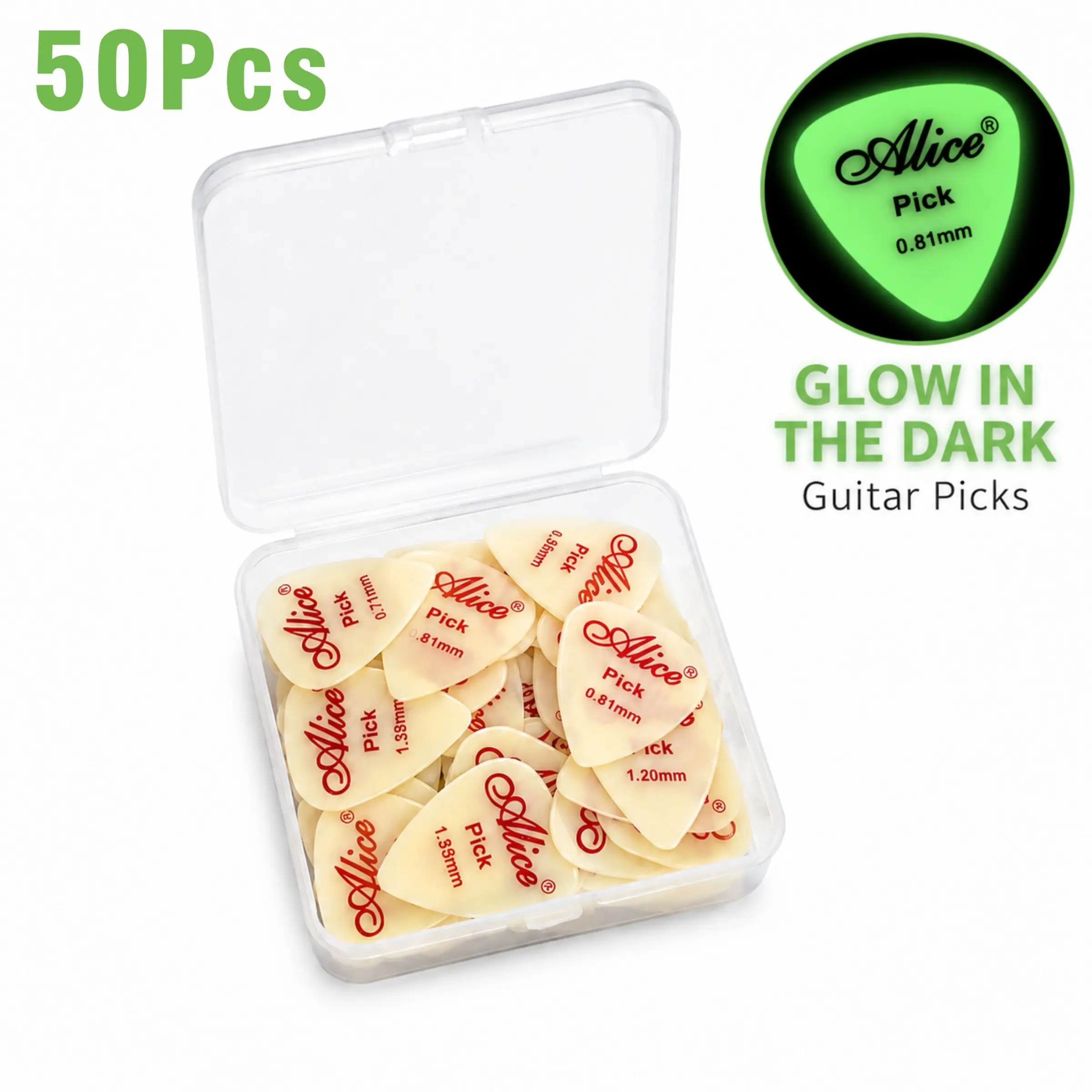 50PCS Glow in the Dark Guitar Picks Set, Durable Nylon Picks with Storage Box, 6 Mixed Gauges for Acoustic, Electric Guitar, Bass & Ukulele
