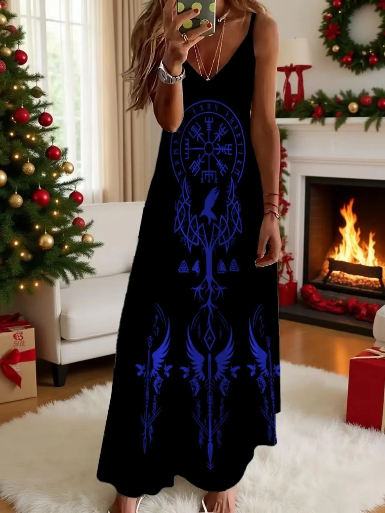 Dark Gothic Viking Totem Spaghetti Strap Dress, European Vintage Life Tree Raven Print, V-Neck Sleeveless A-Line Long Dress, Casual Loose Fit