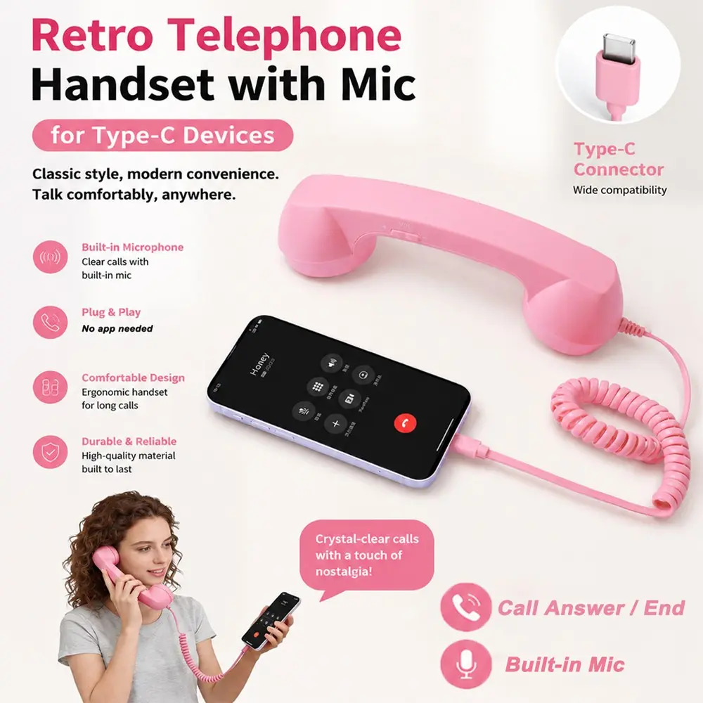 Vintage Classic Wired Convenient Phone Receiver with Microphone, Type-C Direct Plug, Volume Control, Ergonomic Design, Multiple Colors Available