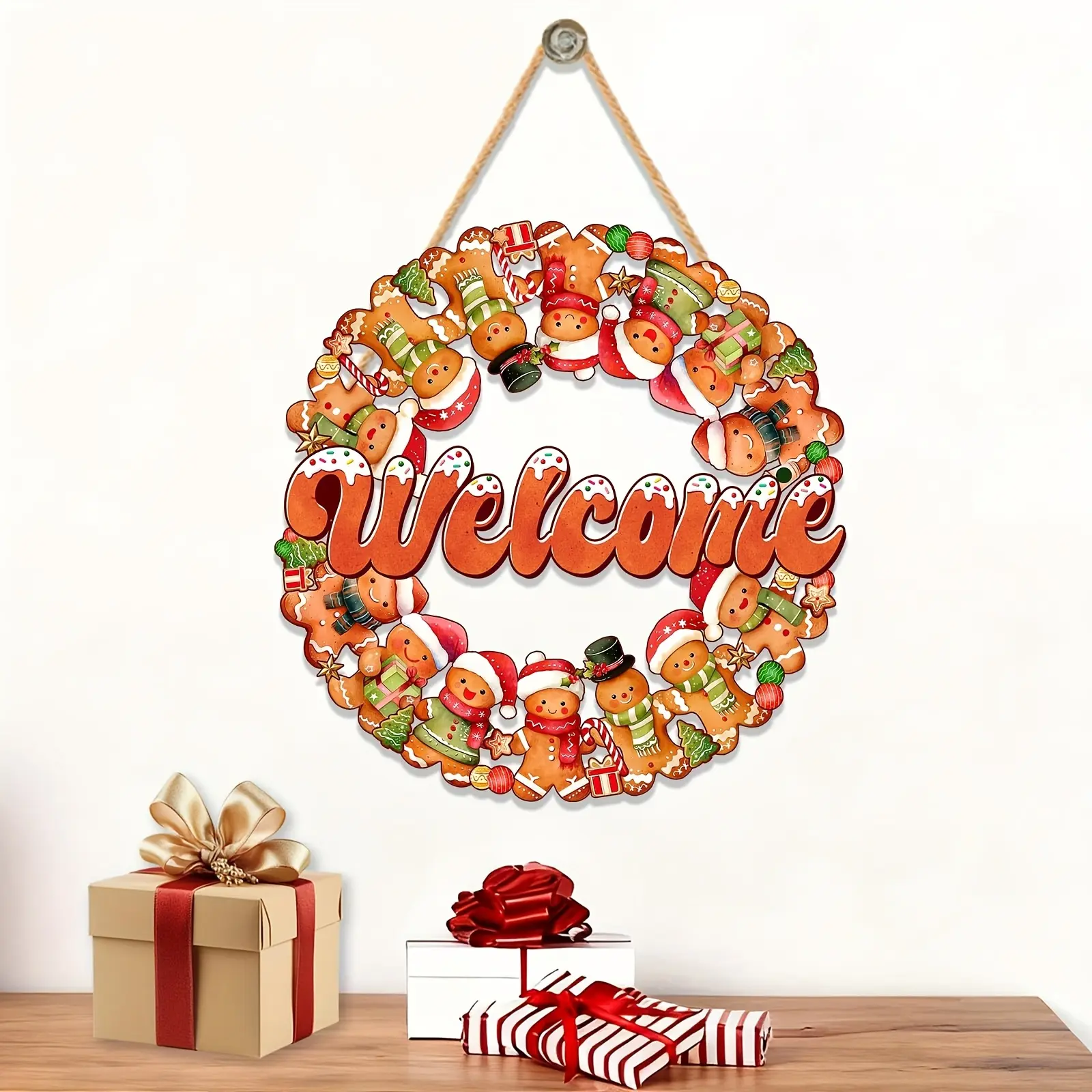 1Pc Wooden Gingerbread Christmas Front Door Sign, Gingerbread Man Welcome Hanging Sign, Xmas Front Porch Decor, Hanging Wooden Welcome Plaque for Home Classroom Office Wall Door Decoration