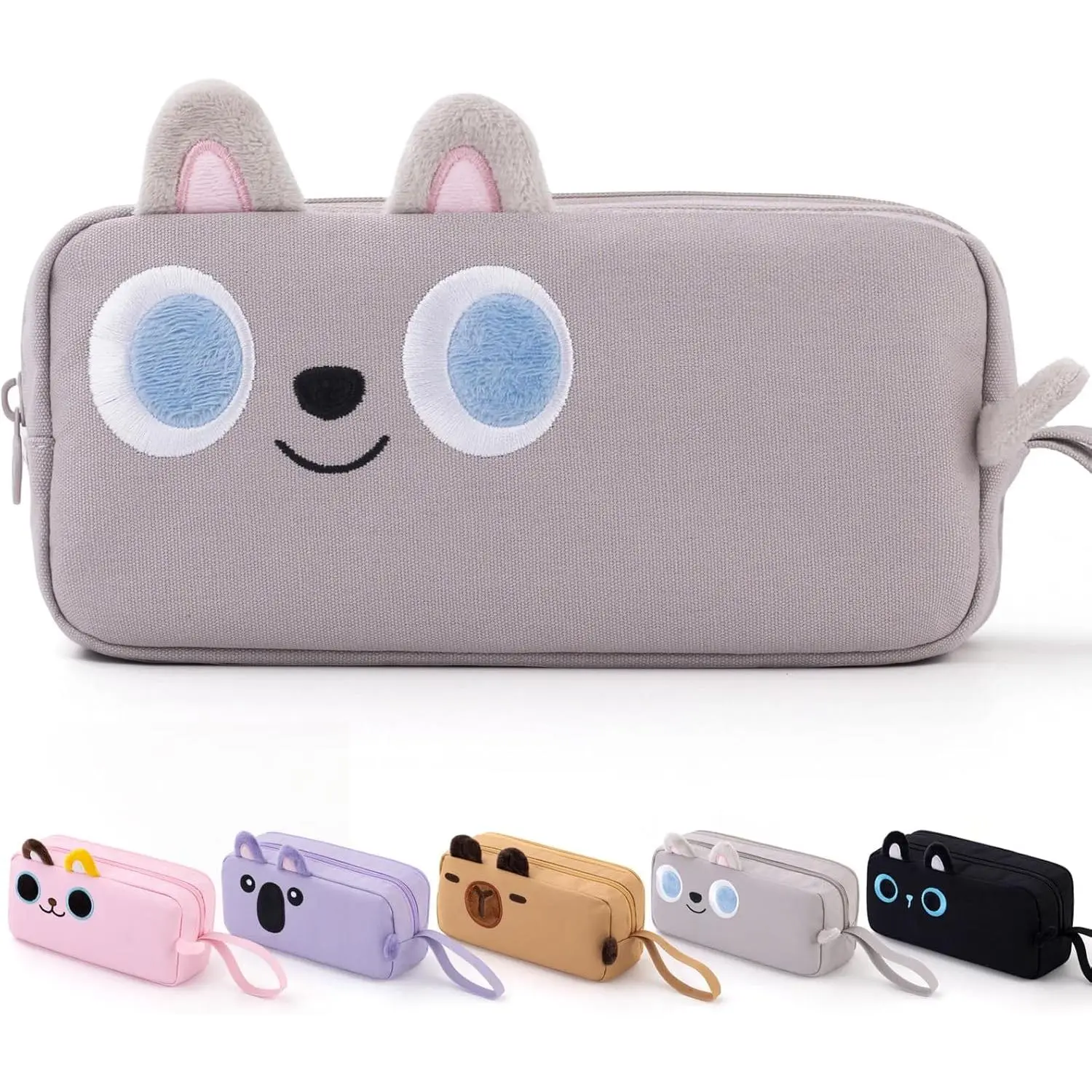 Embroidery Design Cartoon Pencil Case - Large Capacity 1.55L Modern Office Stationery Pen Pouch with Striped Liner, Animal Designs School Supplies Bag for Teens Students (Gray)