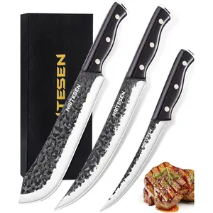 Professional Butcher Knife 3pcs Set Hand Forged Very Sharp Bullnose Meat Carving Breaking Boning Knife for Meat Cutting Home Kitchen Cooking BBQ Gifts for Men Women