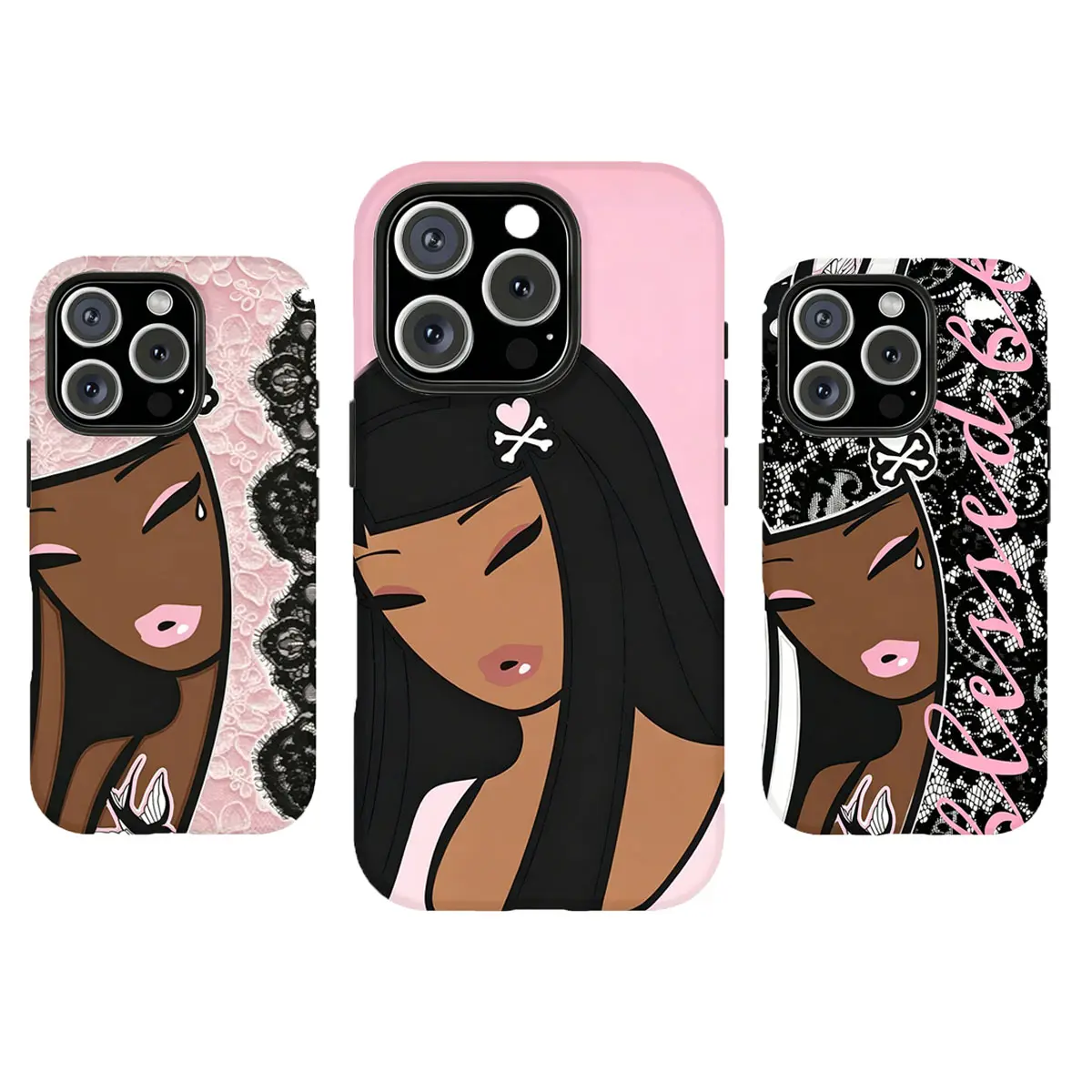 Coquette Y2K Black Girl Cartoon Phone Case Pink Lace Skull Heart Aesthetic Print Shockproof Phone Cover Compatible for iPhone 17Promax 16 15 14 13 12 11 and for Samsung S21 S22 S23 S24 S25 S26 Perfect Gift for Her Girly Phone Accessory