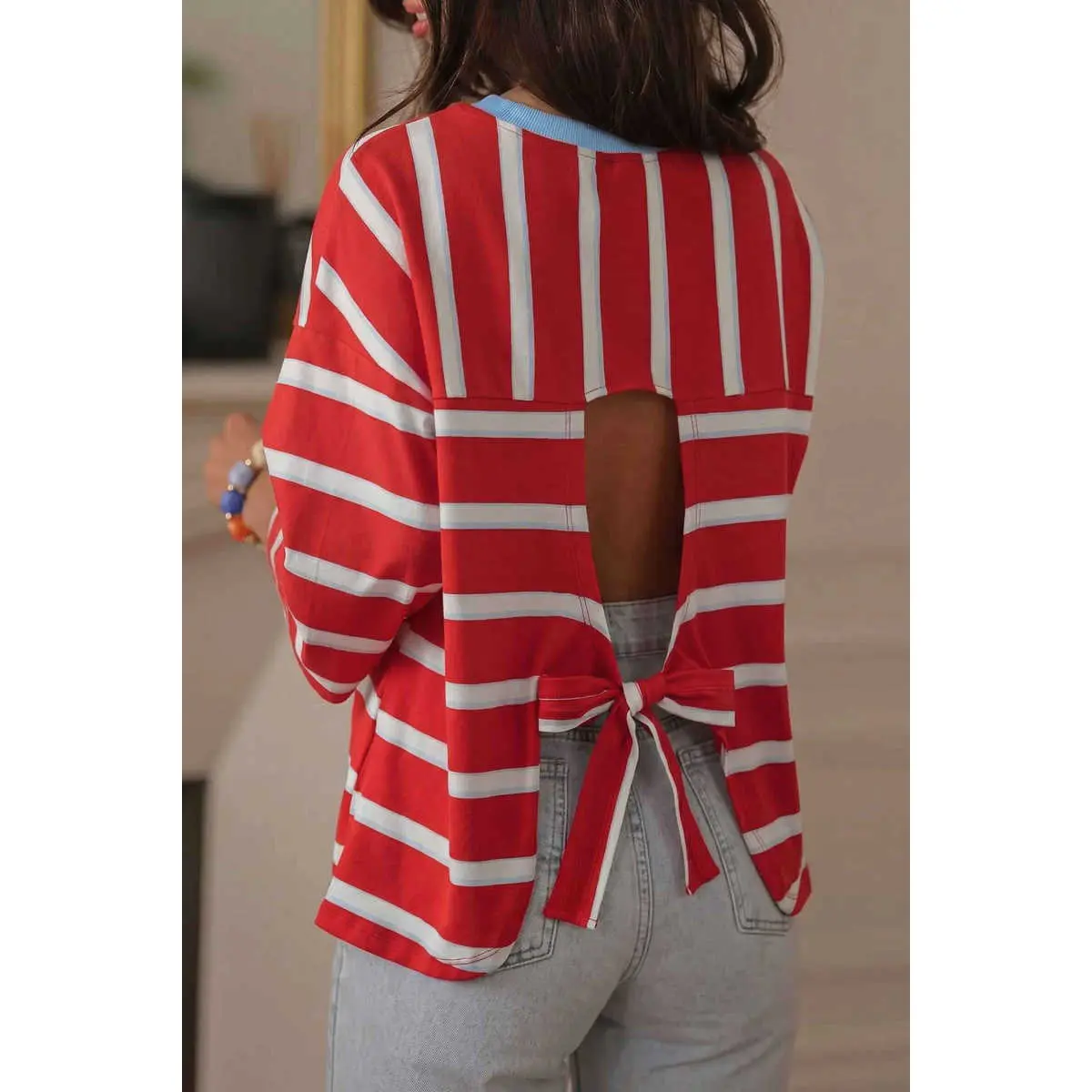 Women's Striped Backless T-Shirt, Soft Comfortable Casual Top with 7/8 Sleeves, Ribbed Neck and Bow Tie Detail, Style, Tshirt