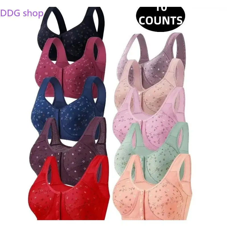 10 Pack Floral Wireless Front Closure Bras, Comfort Lightweight Support Intimates, Gentle Lift Wire-Free Everyday Bra, Easy Fastening Senior Friendly Lingerie Suitable For Daily Relax, Home Lounging & All Season Long-Time Wear