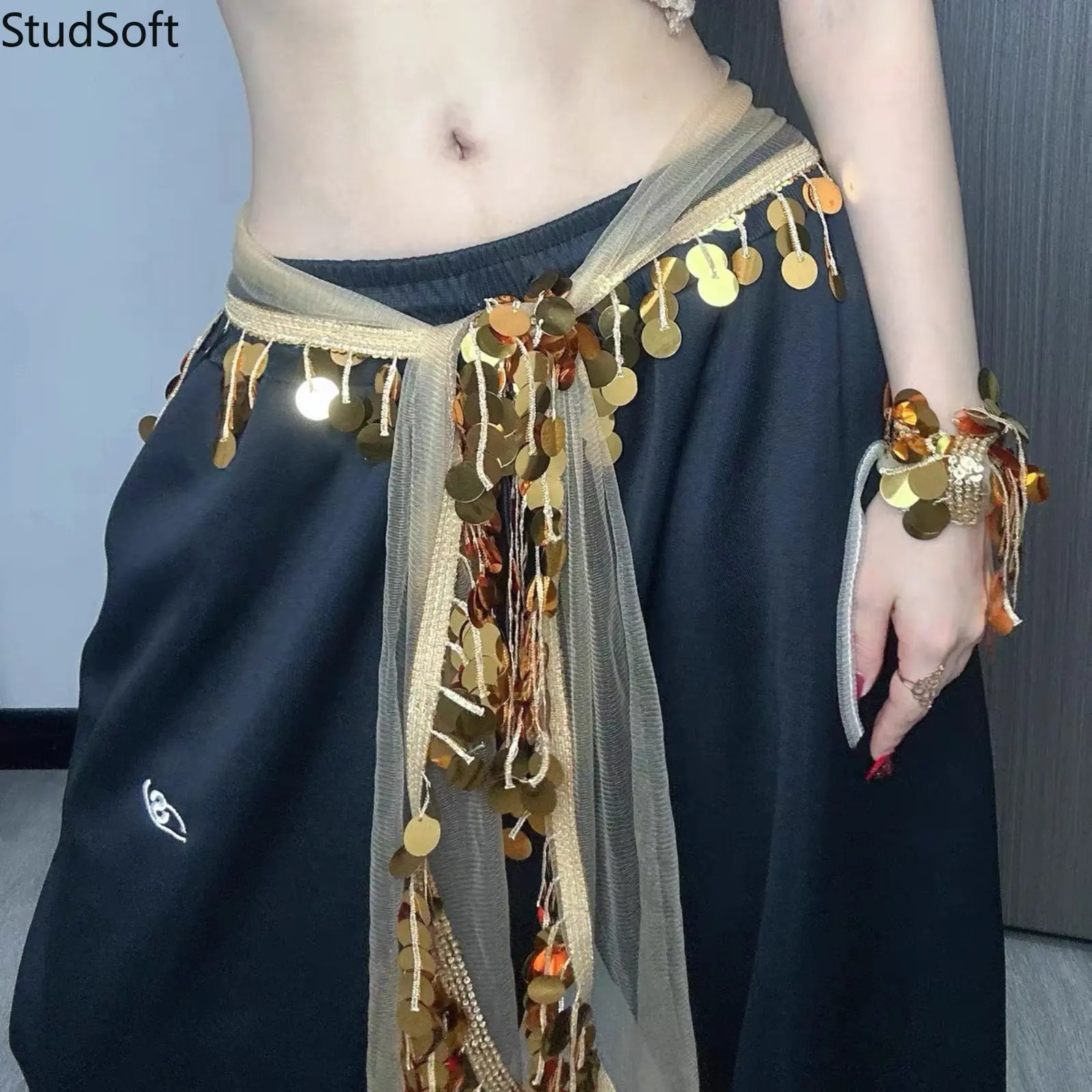 Women's Gold Sequin Tassel Mesh Hip Scarf Waist Chain - Sports & Outdoor Performance Accessory for Gypsy Carnival, Halloween Rave Costumes (1Pc), Accessories,back to school,back to school haul