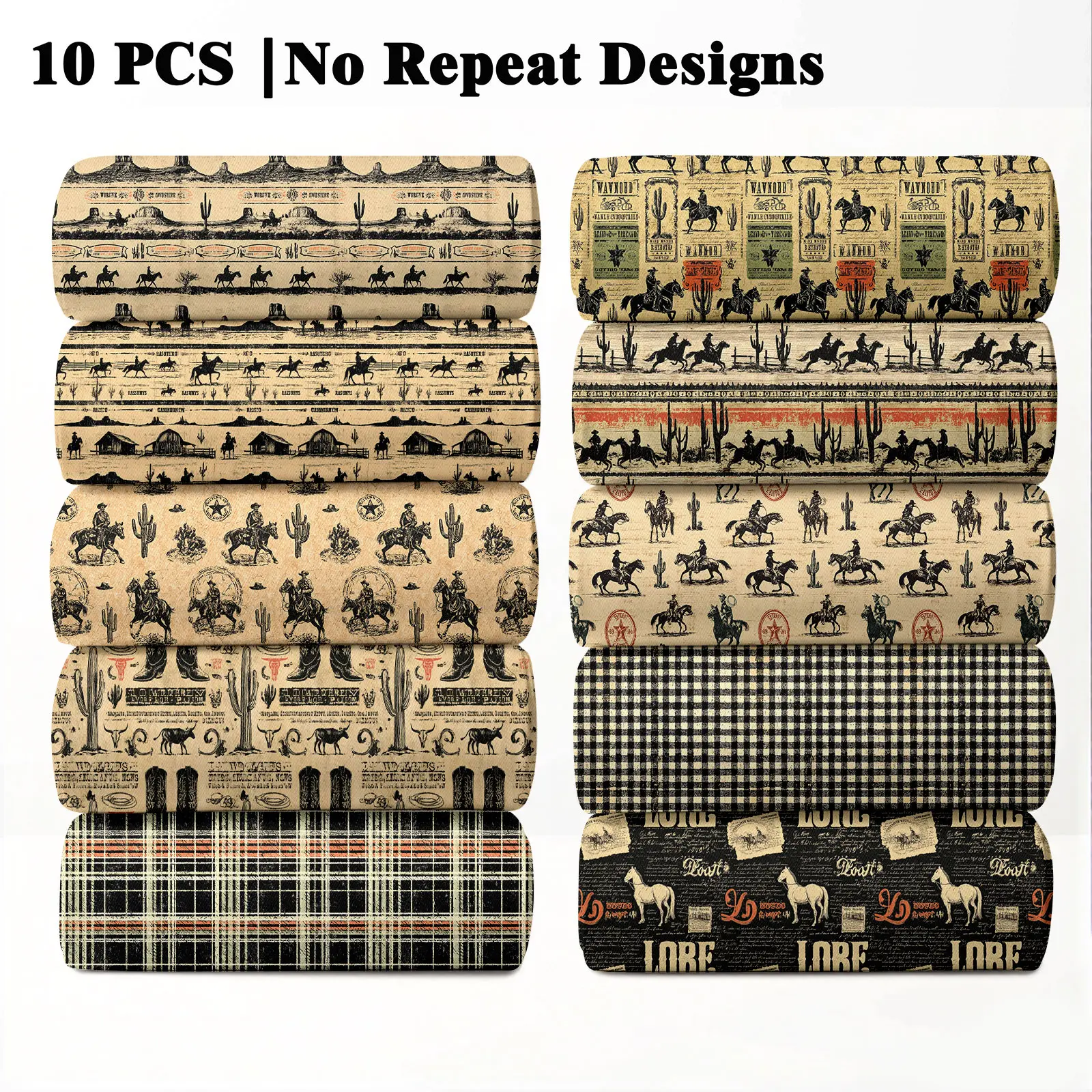 10PCS Vintage Cowboy Print Cozy Comfy Fabric Woven Design, 23x55cm (9x22in) Classic Vintage Western Pattern Quilting Home Decor DIY