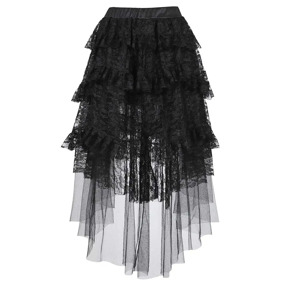 Women's Plus Size Lace Long Skirt Fitted Gothic High-Waist Cake Skirts Asymmetrical Elastic Steampunk Pirate Garment Formal Summer Bottoms for Halloween Black Shirt Womenswear