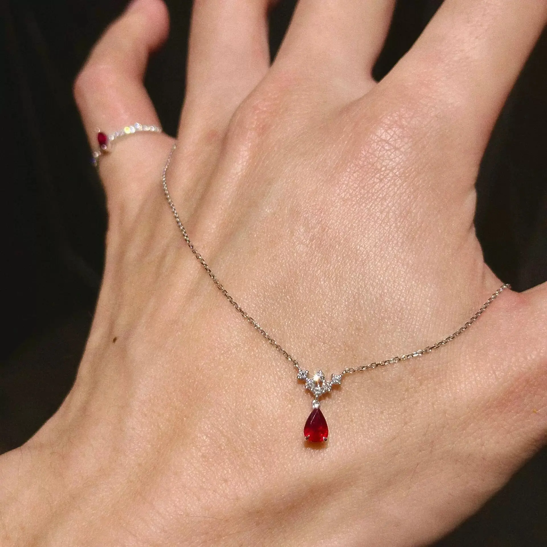 Pigeon Blood Red Water Drop Zircon Necklace, Vintage, Elegant, Luxurious Necklace