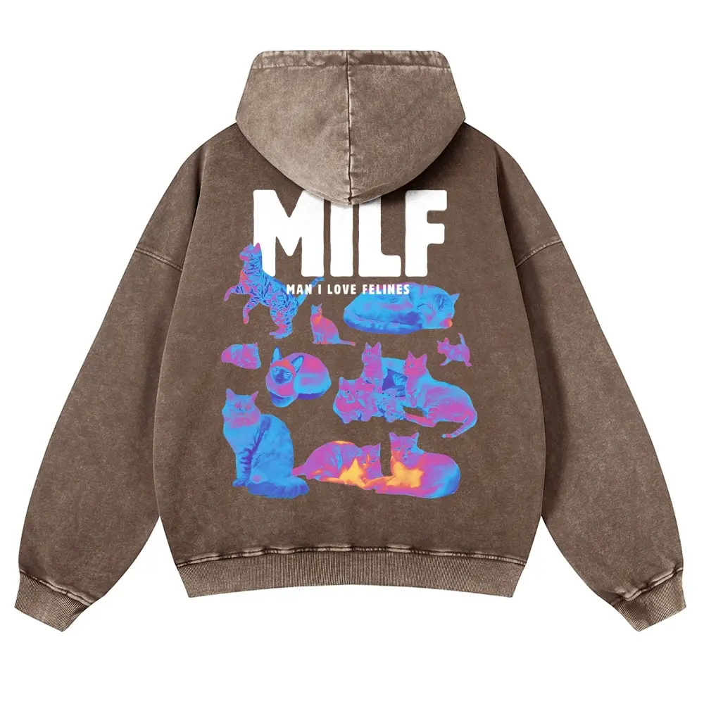 MILF Man I Love Felines Cat Graphic Hoodie Vintage Acid Wash Neon Y2K Sweatshirt Unisex Vintage Acid Wash Cat Hoodie MILF Man I Love Felines Cyber Graphic Sweatshirt Streetwear