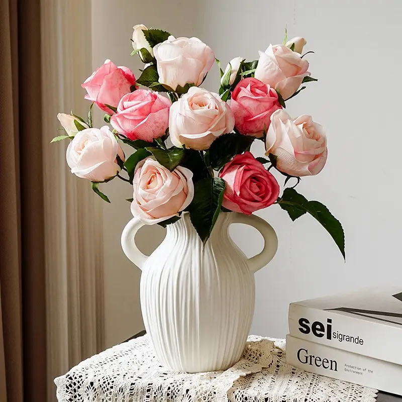 3PCS, vintage rose artificial flowers, with multiple blooming flowers and buds coexisting. 24.4-inch realistic silk-like texture flowers, suitable for home decoration, weddings, Valentine's Day, Easter, and spring flower arrangements.
