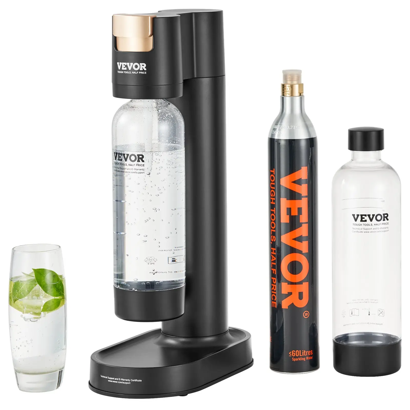 VEVOR Compact Sparkling Water Maker for Home Use, Auto-Pressure Soda Machine with Quick Fizzing, Seltzer Starter Kit Including 2 BPA-Free 1L Plastic Bottles, CO2 Cylinder, Compatible with Mainstream Screw-In 60L CO2 Cylinders