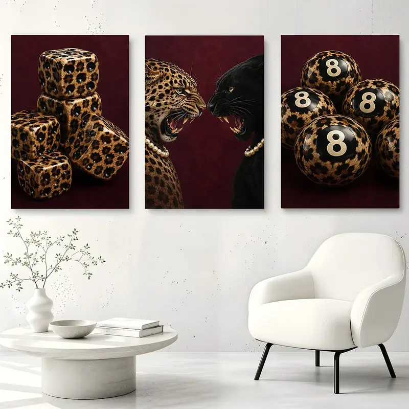 Retro Decorative 3P Leopard Panther Dice 8 Ball Framed Canvas Wrap Poster, Burgundy Minimalist Luxury Trend Wall Art, Hanging Home Decor for Living Room, Ideal Gift for Bar Lounge