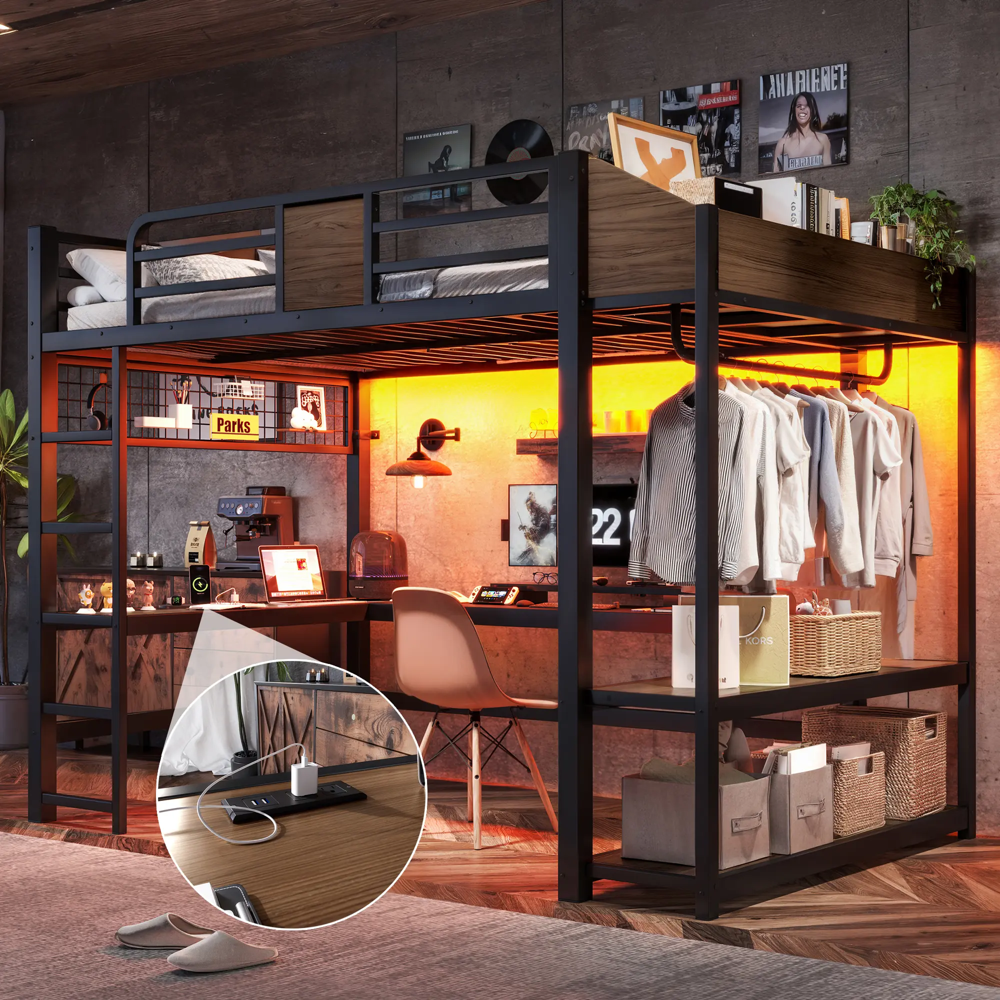 Full Size ARCH Metal Full Loft Bed - Furniture, Apartment Furniture, Bedroom Items - L-Shaped Desk, LED Lights, USB Ports, Storage Shelves, Clothes Hanging Rod, Heavy Duty, No Box Spring Needed, Black/Brown, for Bedroom, Small Space