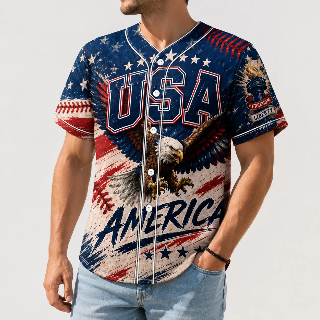 USA Eagle Baseball Jersey, Men's Button Down, American Flag Graphic, Short Sleeve V Neck, Unisex July 4th Game Day Shirt,outfits,men's wear,men fashion,summer men fashion clothes,football jersey,fan jersey,fan cheering,Padded,Cycling,Shorts,Bright,Blue,