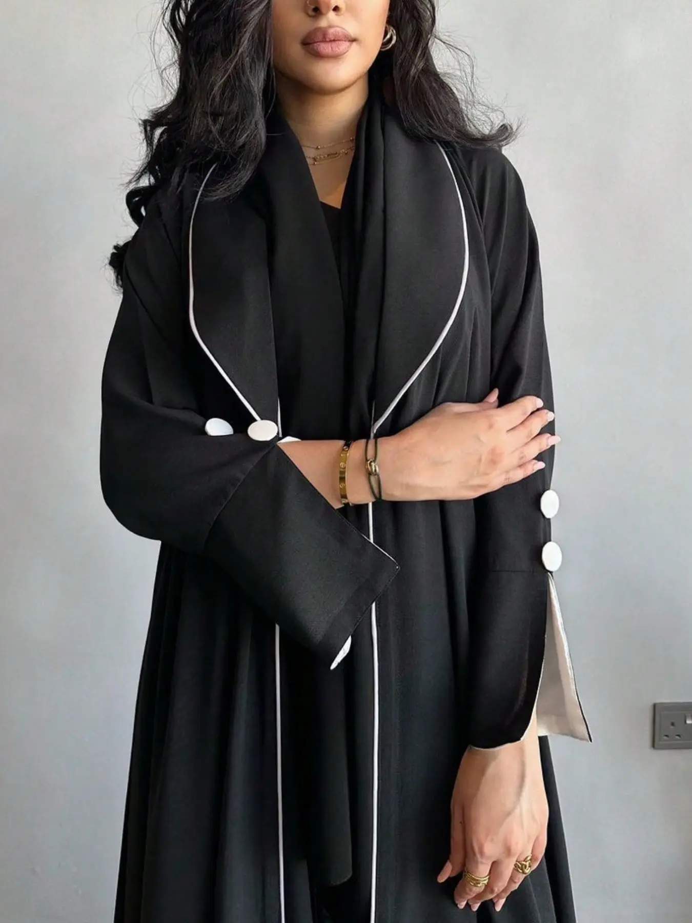 Contrast Trimmed Abaya Long Cardigan, Muslim Women's Commuter Long Outerwear, Simple Modest Casual Robe, All Seasons
