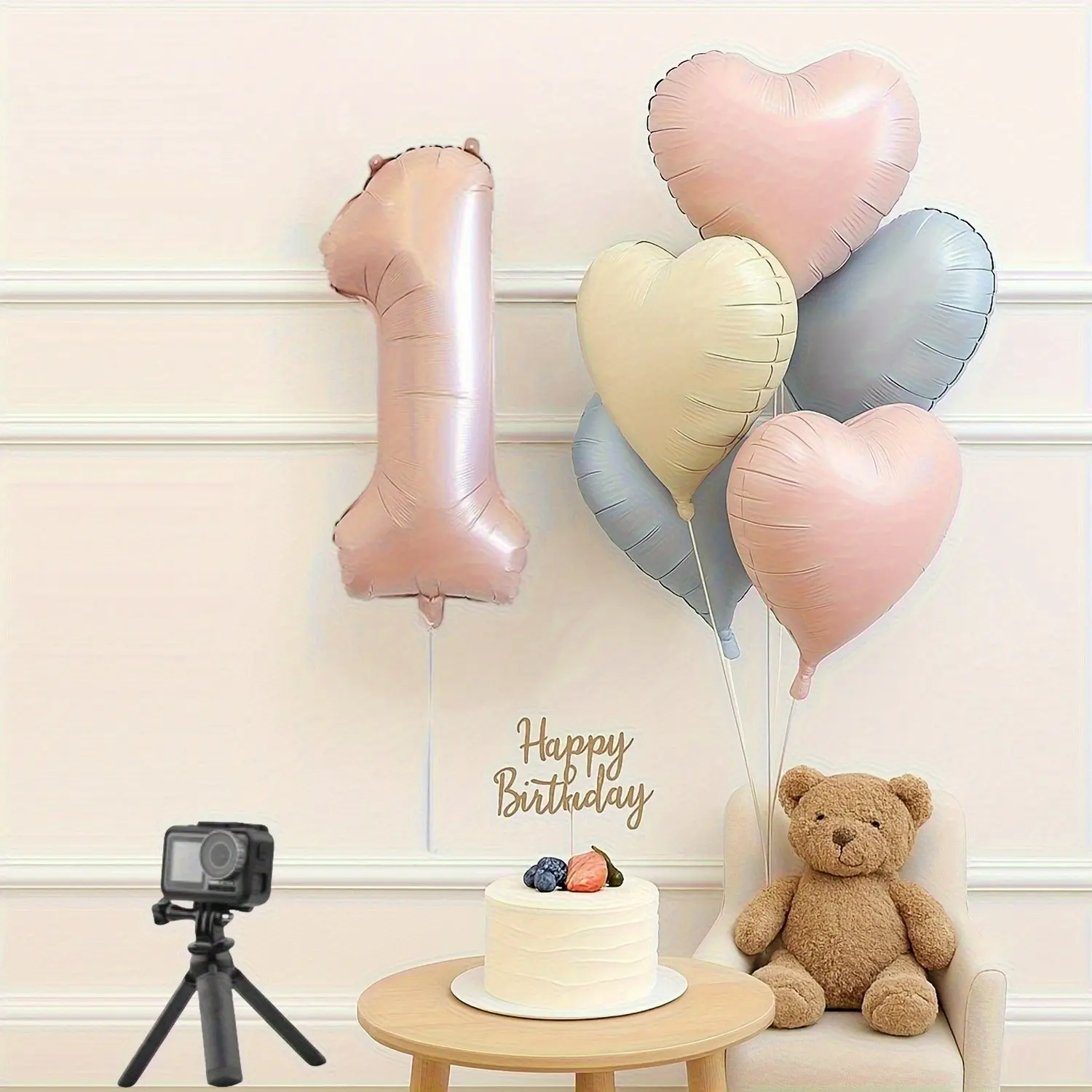 6 light pink numbers and heart-shaped aluminum foil balloons -81.28cm light pink numbers 1-3, light pink beige and light blue heart-shaped balloons, suitable for birthdays, Valentine's Day, anniversaries