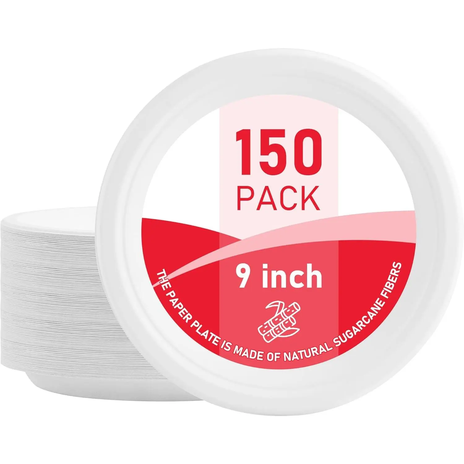 150 Pack Compostable Paper Plates 9 Inch, Heavy Duty Disposable Dinnerware, White Paper Plates Made of Biodegradable Bagasse Sugarcane Fiber
