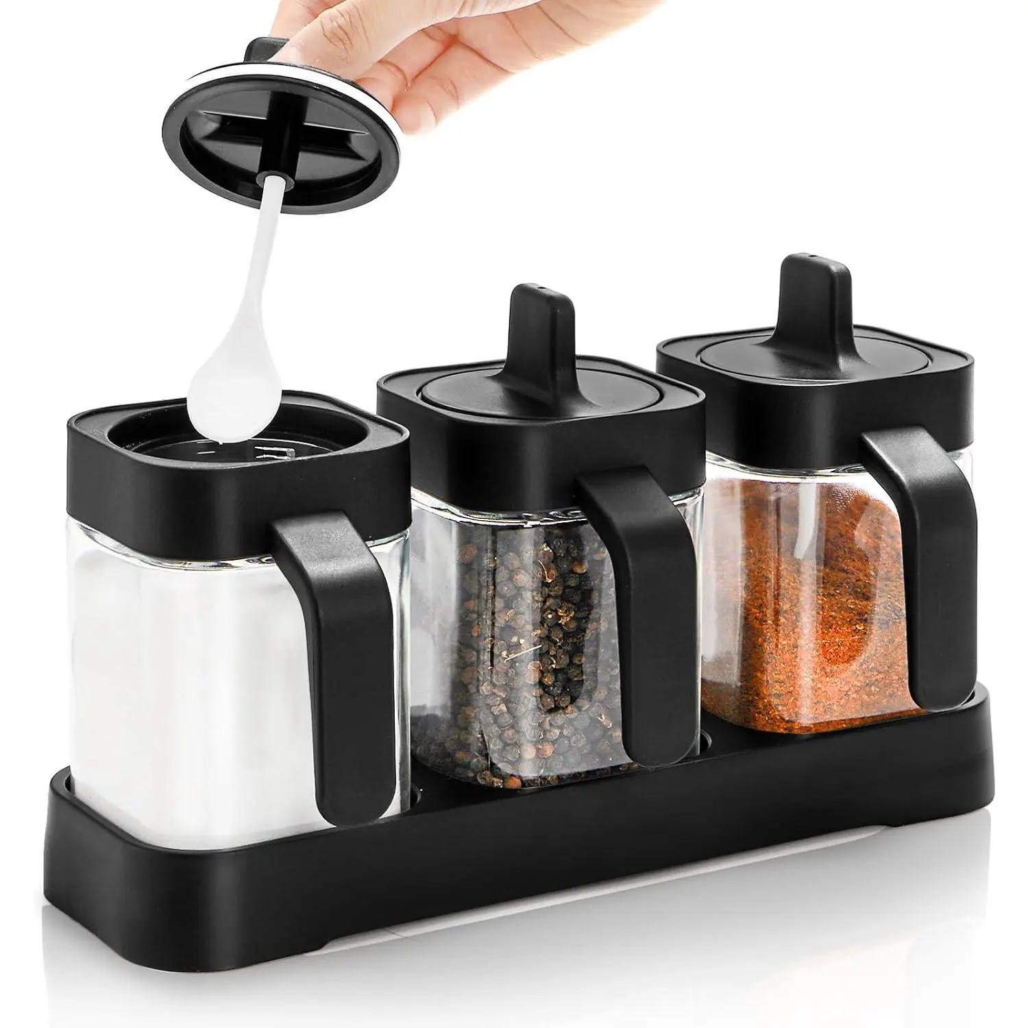 Set of 3 Condiment Jar with Tray, 13.5 OZ  Container with  and Spoons, Glass Condiment Salt and Sugar Container Sets, Kitchen Seasoning Box for Salt Pepper Sugar Storage, Black