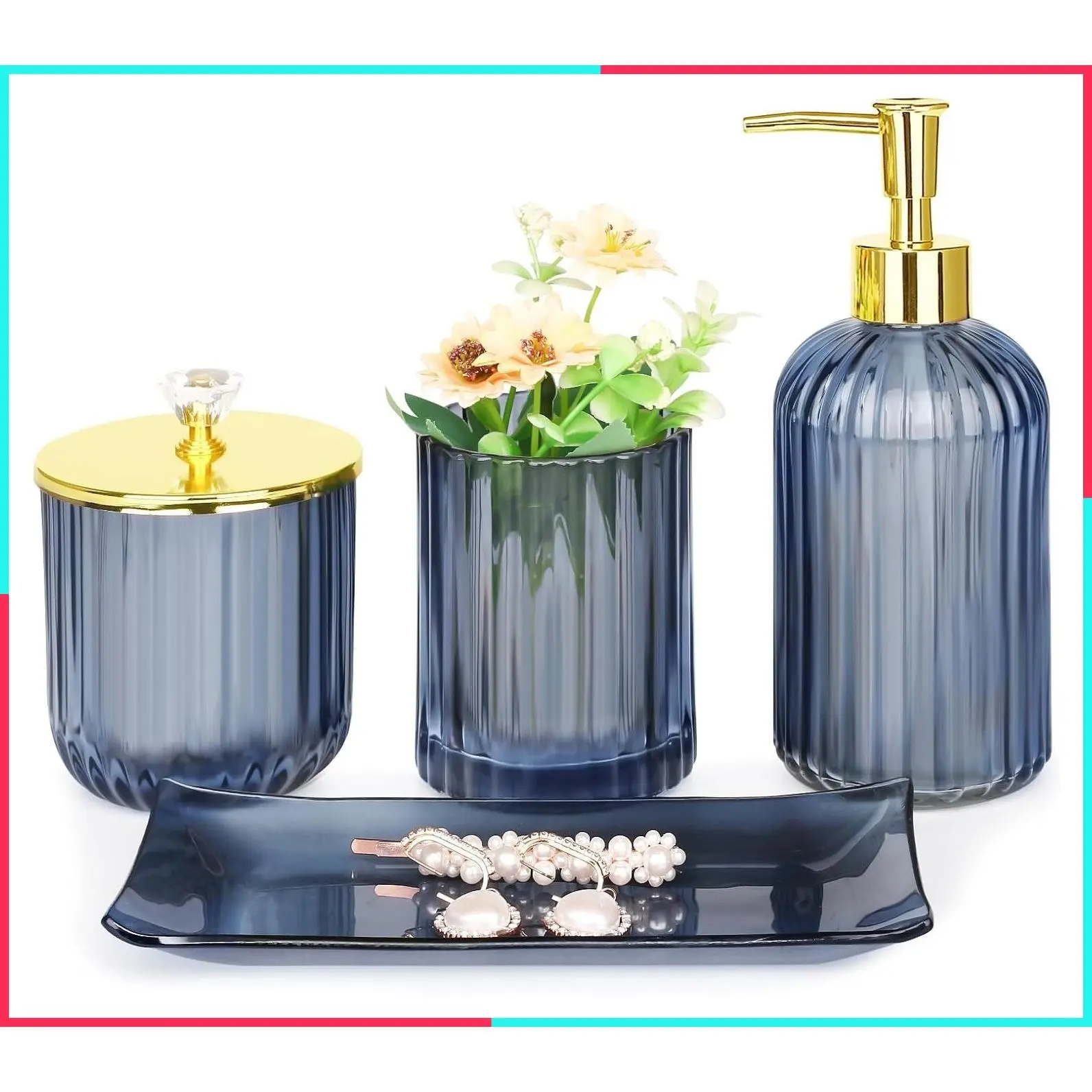 Glass Bathroom Accessories Set, Blue 4-Piece Bathroom Set