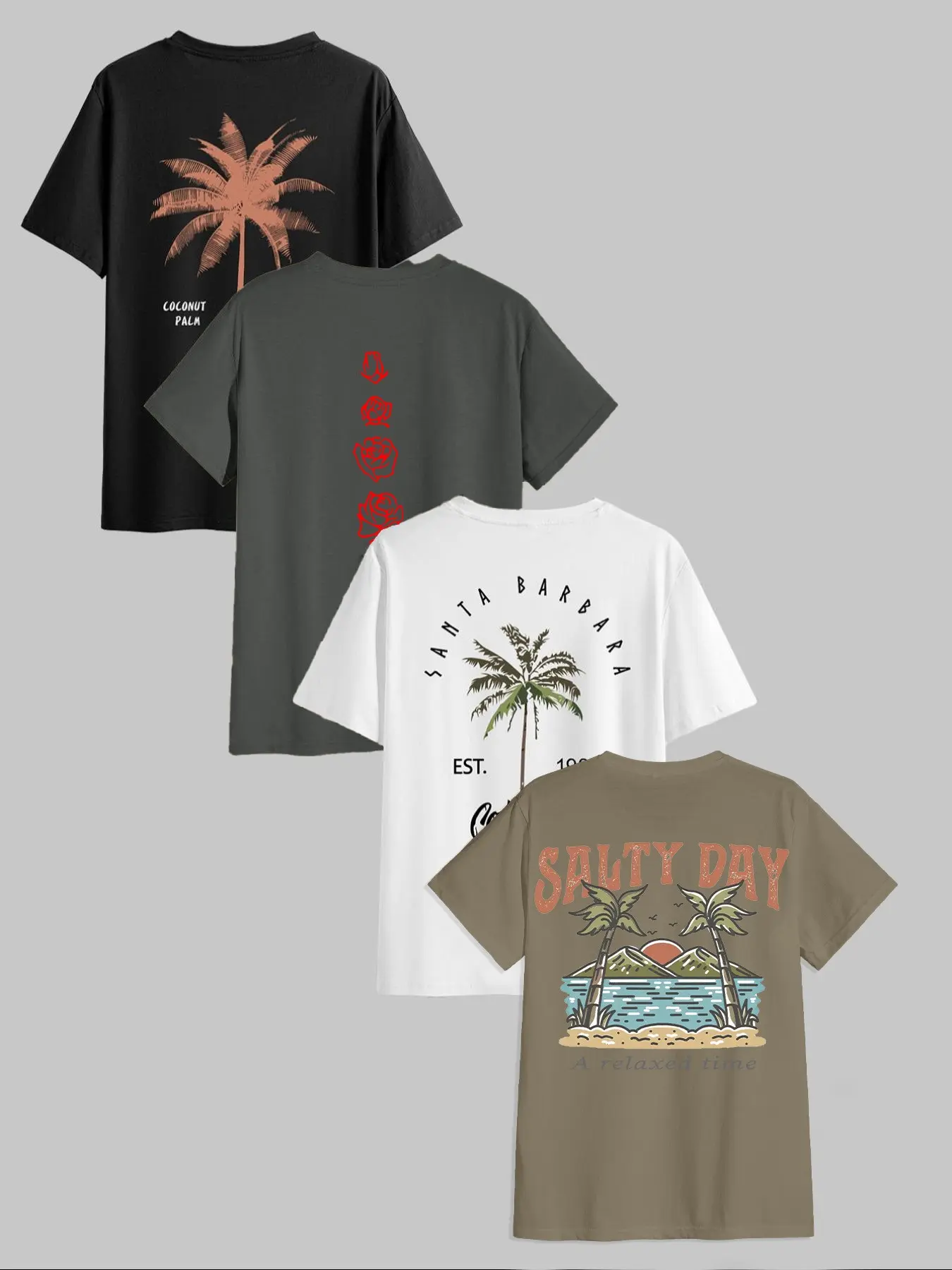 American Vintage Island Coconut Tree Print Short Sleeve Men's Beach Vacation Loose Fit Casual T-Shirt 4-Piece Set