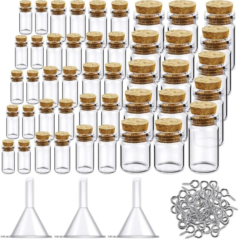 45-Piece Multi-Size Transparent Cylindrical Small Glass Bottle Container Set with Wide Mouth Cork Stoppers, Eye Screws & Funnels for DIY Art Craft (0.5ml,1ml,3ml,5ml,10ml) - 50 Eye Screws, 3 Decorative Funnels Included