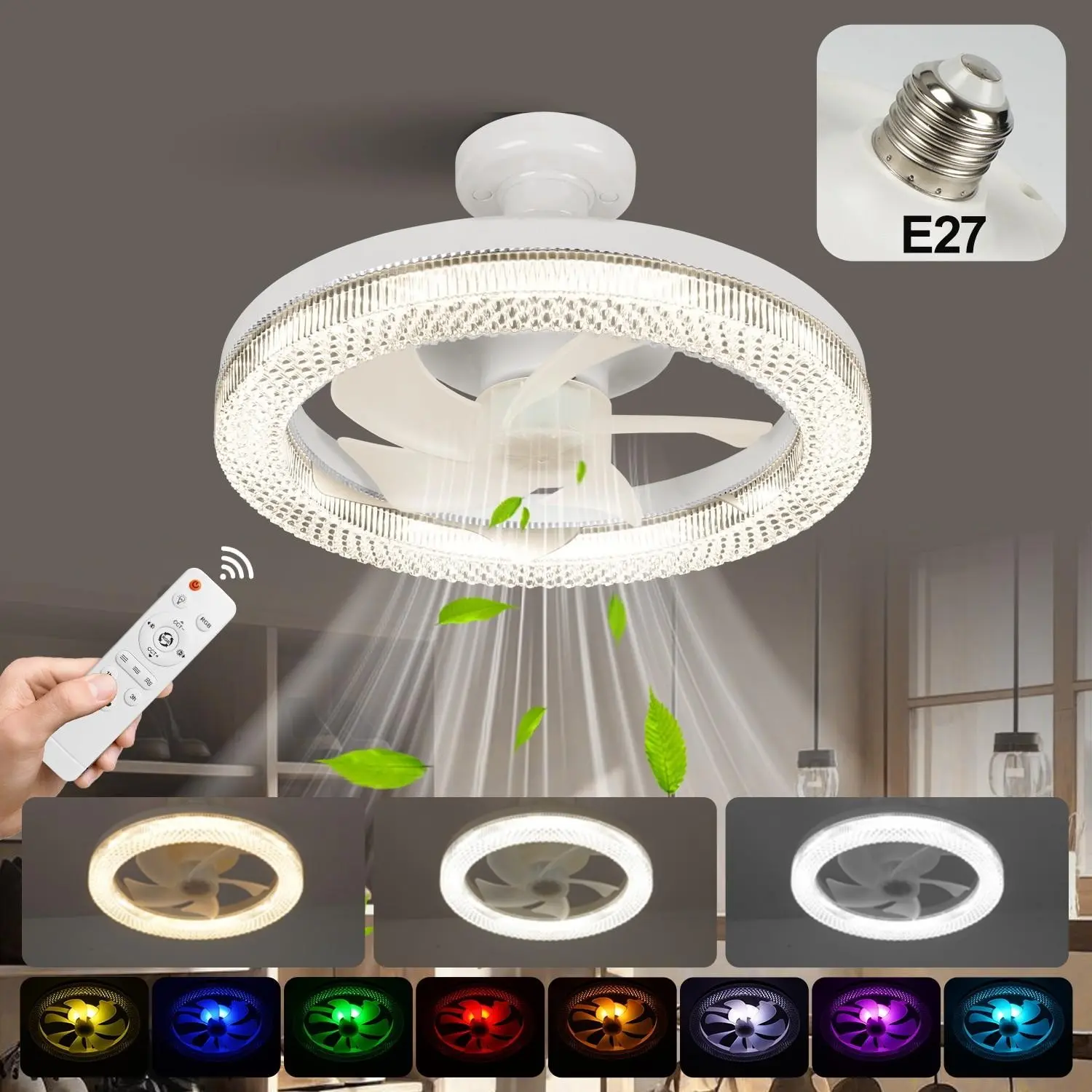 RGB Adjustable Ceiling Fan Light, E27 Bulb Head with Remote, 3 Speed Settings, Acrylic Lampshade, Semi-Flush Mount, Ultra-Quiet Cooling Fan