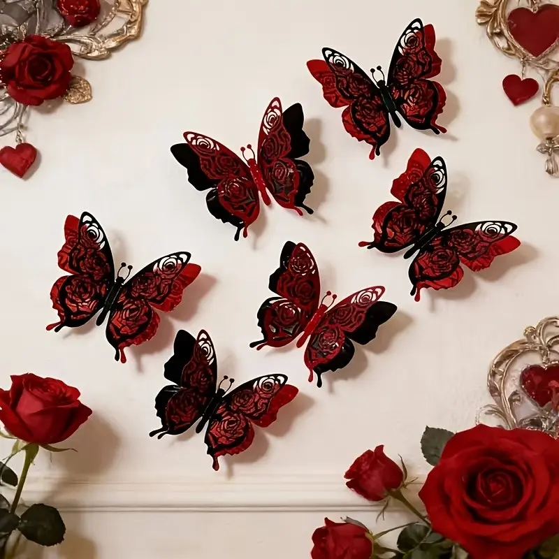 6Pcs Double Layer Hollow 3D Butterfly Wall Stickers, Reusable Self-Adhesive PVC Decor for Bedroom Living Room, Wedding Party Aesthetic Background Decals