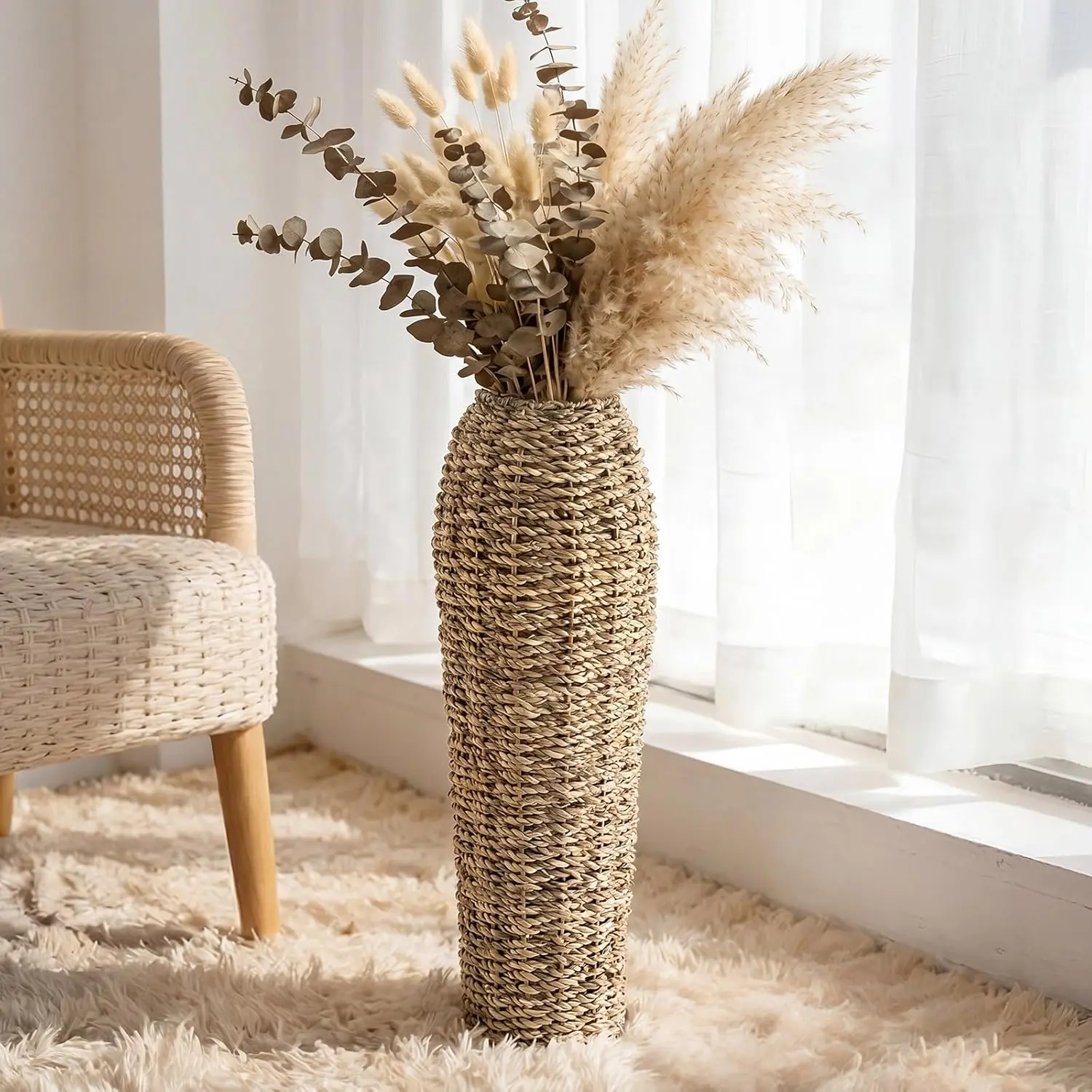 16.5" Tall Decorative Wicker Rattan Floor Vase, Handwoven Seagrass Floor Decor with Shatterproof Iron Frame, Boho Rustic Farmhouse Accent for Living Room, Entryway